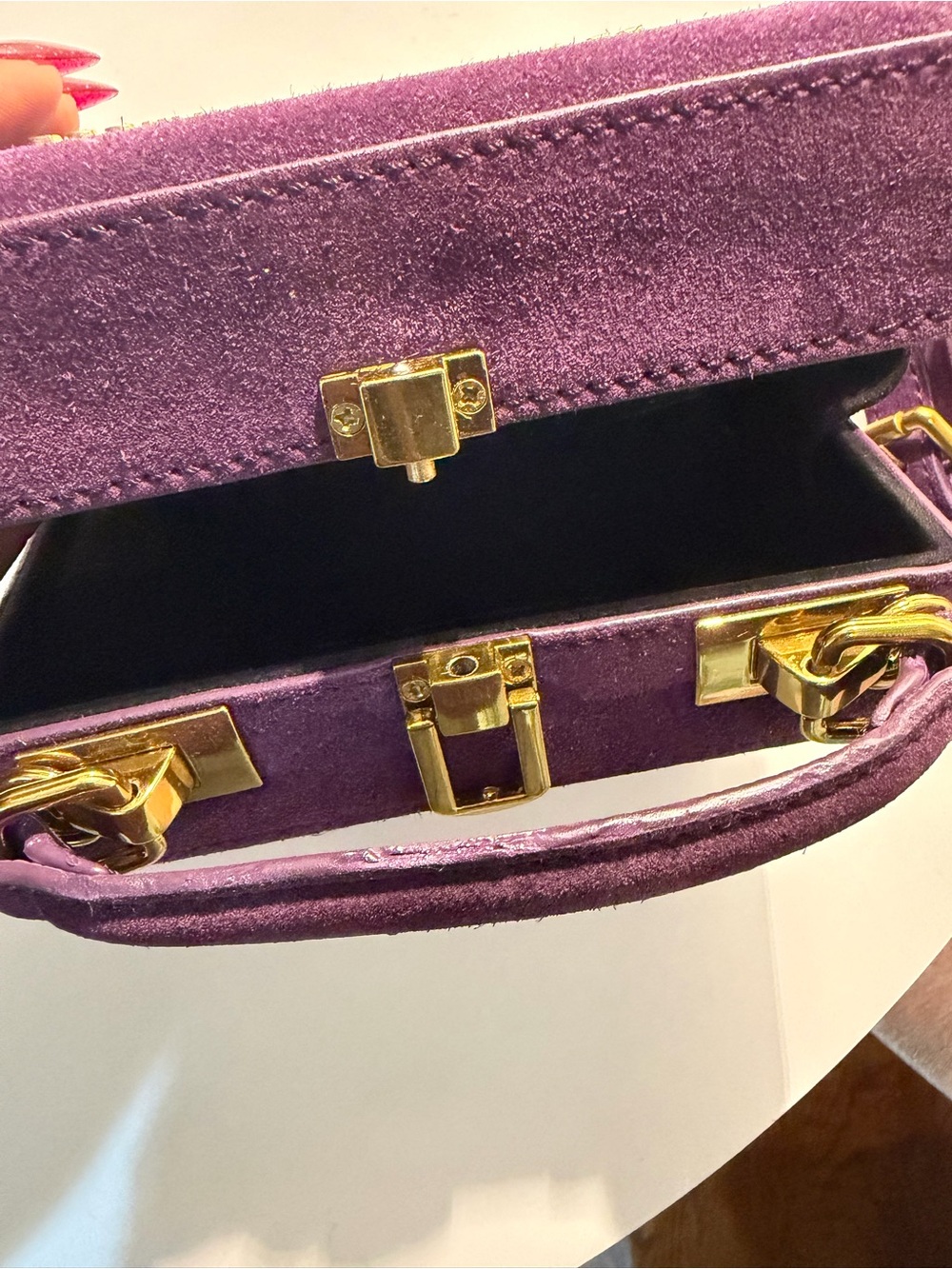 Brandon Blackwood Deep Purple Suede Top Handle Box Bag with Gold Hardware - Picture 6 of 10